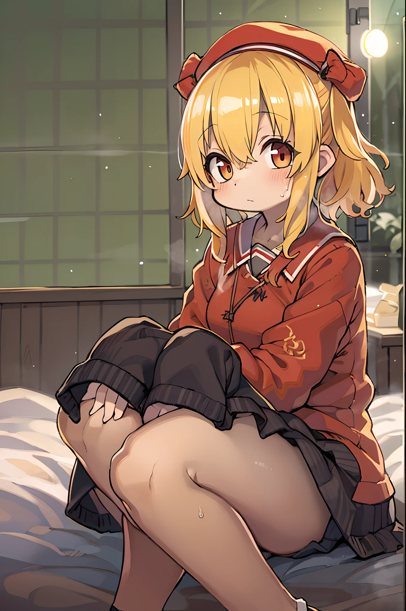 ORIENTAL PROJECT, Flanders Scarlet sitting on bed in JK uniform, Hands folded at the waist, Light yellow hair, Warm lighting, Blurred foreground, Cute, Lori, Anime, 4K, With Devil's Wings, shower cap, masutepiece, Upper body