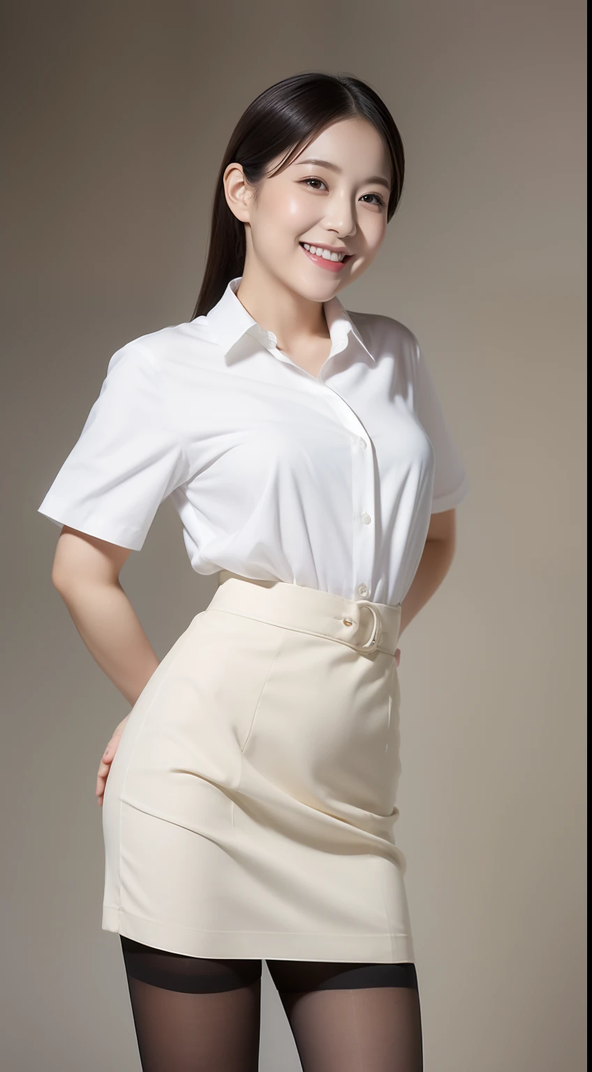 Masterpiece,Best quality, (maam. clerk:1), ((Portrait:1.3)), Cross arms, White shirt , Smile,Skirt that wraps hips,Long legs,skin hyper-detail,Clear pores,in a panoramic view,Cocked buttocks,black lence stockings,Beautiful young Japanese woman, Perfect face, (Detailed facial features), Clean and nice face