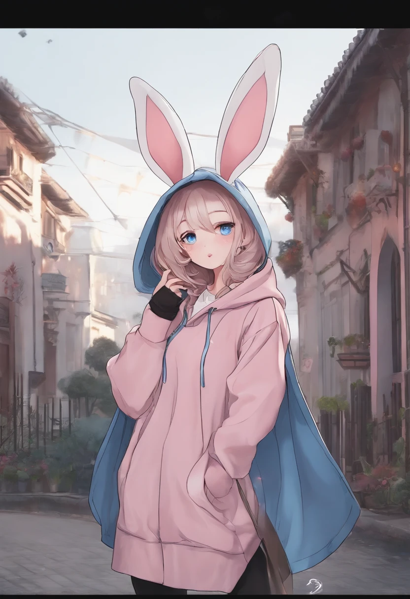 1 pink bunny，Rabbit with blue eyes，9 emoji packs，9 poses and expressions，Manhwa Style，Black strokes，Different emotions，8K，White sweatshirt，Cloak