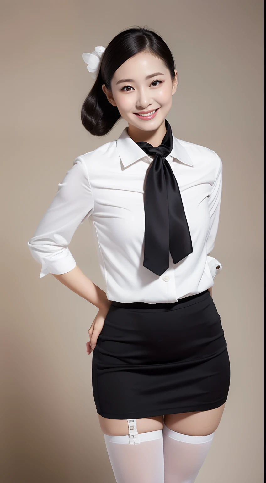 Masterpiece,Best quality, (maam. clerk:1), ((Portrait:1.3)), Cross arms, White shirt , Smile,Skirt that wraps hips,Long legs,skin hyper-detail,Clear pores,in a panoramic view,Cocked buttocks,black lence stockings,Beautiful young Japanese woman, Perfect face, (Detailed facial features), Clean and nice face