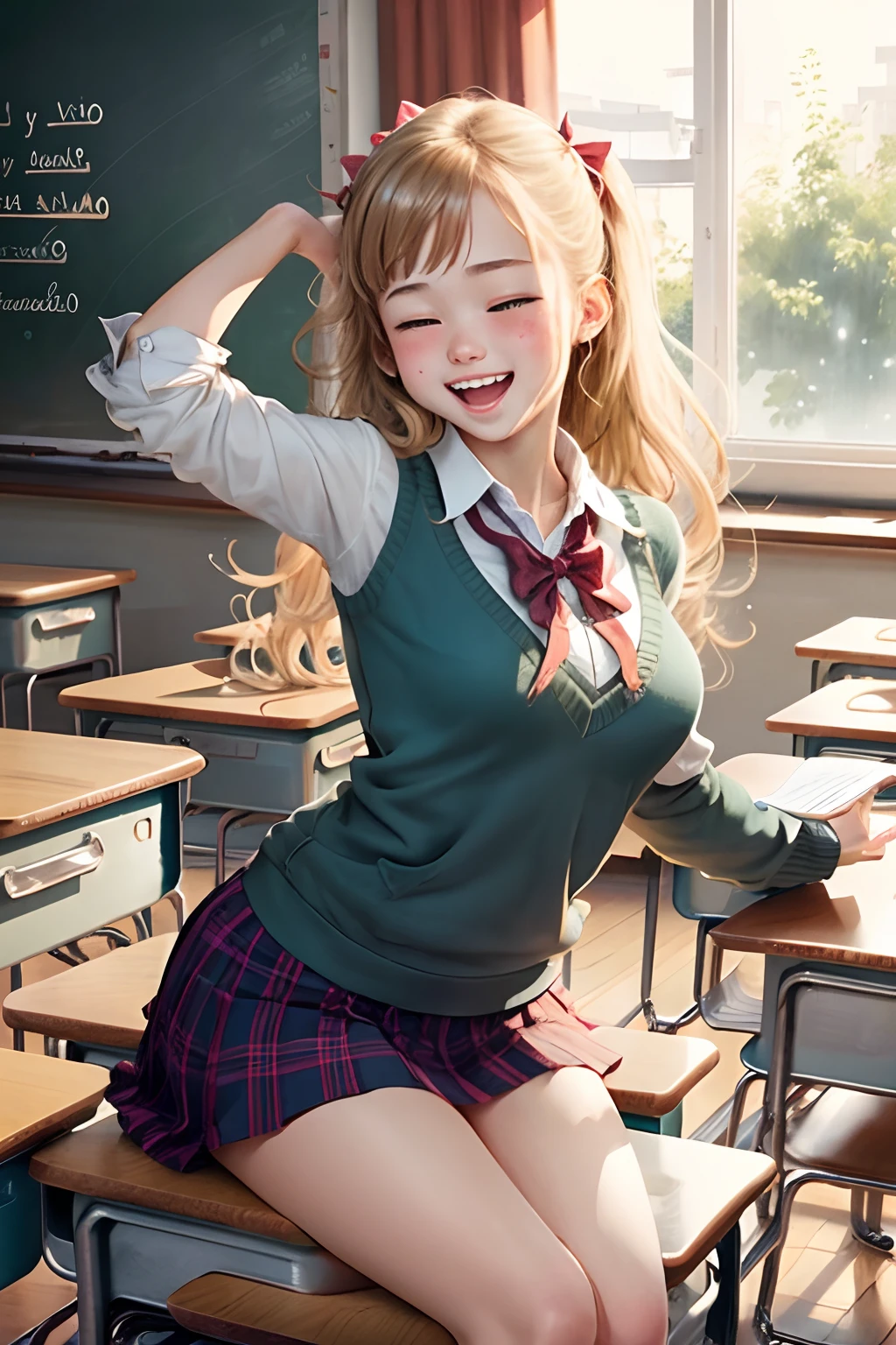 High school girl tickling high school boy in classroom