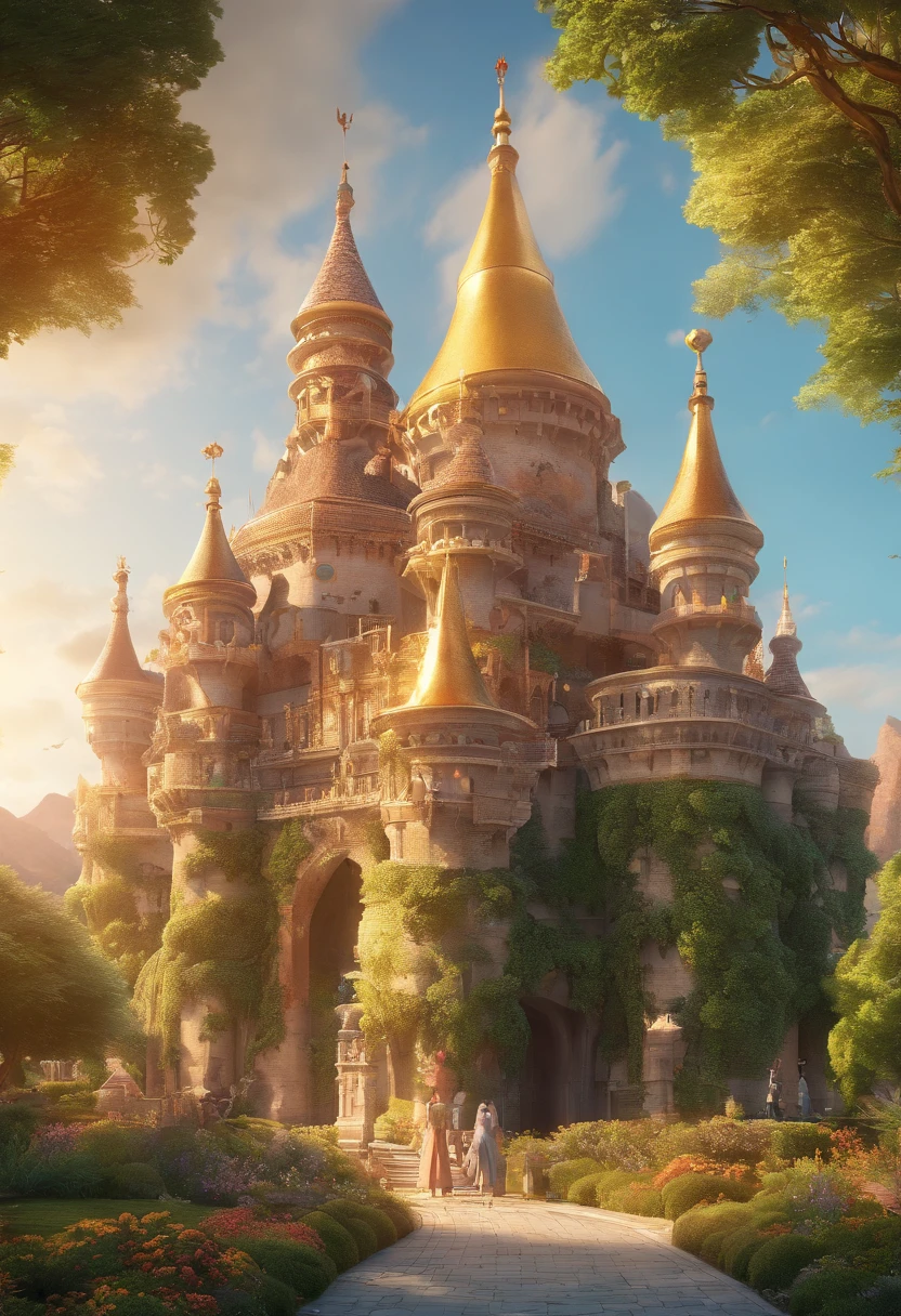 (best quality,highres,masterpiece:1.2),ultra-detailed,realistic:1.37,sunset lighting,a colossal anthill built in the shape of an Ottoman castle,arches,flag fluttering on the roof,picturesque landscape,portraits,dark shadows,colorful sky,imposing structure,exquisite textures,impeccable symmetry,meticulous craftsmanship,detailed carvings,distant mountains and hills,gleaming golden exterior,marble facade,elaborate balconies and terraces,ornate gates and windows,towering turrets,beautifully adorned domes,spires reaching towards the heavens,lush green gardens surrounding the castle,manicured hedges and flower beds,crimson roses,serene reflection pools,velvet green lawns,graceful fountains,winding pathways leading to hidden courtyards,statues and sculptures capturing historical figures,royal guards positioned at the entrance,people strolling through the castle grounds,admiring its majestic beauty and rich history.