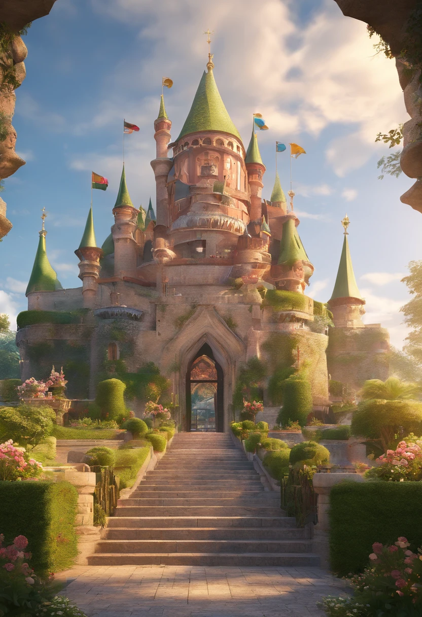 (best quality,highres,masterpiece:1.2),ultra-detailed,realistic:1.37,sunset lighting,a colossal anthill built in the shape of an Ottoman castle,arches,flag fluttering on the roof,picturesque landscape,portraits,dark shadows,colorful sky,imposing structure,exquisite textures,impeccable symmetry,meticulous craftsmanship,detailed carvings,distant mountains and hills,gleaming golden exterior,marble facade,elaborate balconies and terraces,ornate gates and windows,towering turrets,beautifully adorned domes,spires reaching towards the heavens,lush green gardens surrounding the castle,manicured hedges and flower beds,crimson roses,serene reflection pools,velvet green lawns,graceful fountains,winding pathways leading to hidden courtyards,statues and sculptures capturing historical figures,royal guards positioned at the entrance,people strolling through the castle grounds,admiring its majestic beauty and rich history.