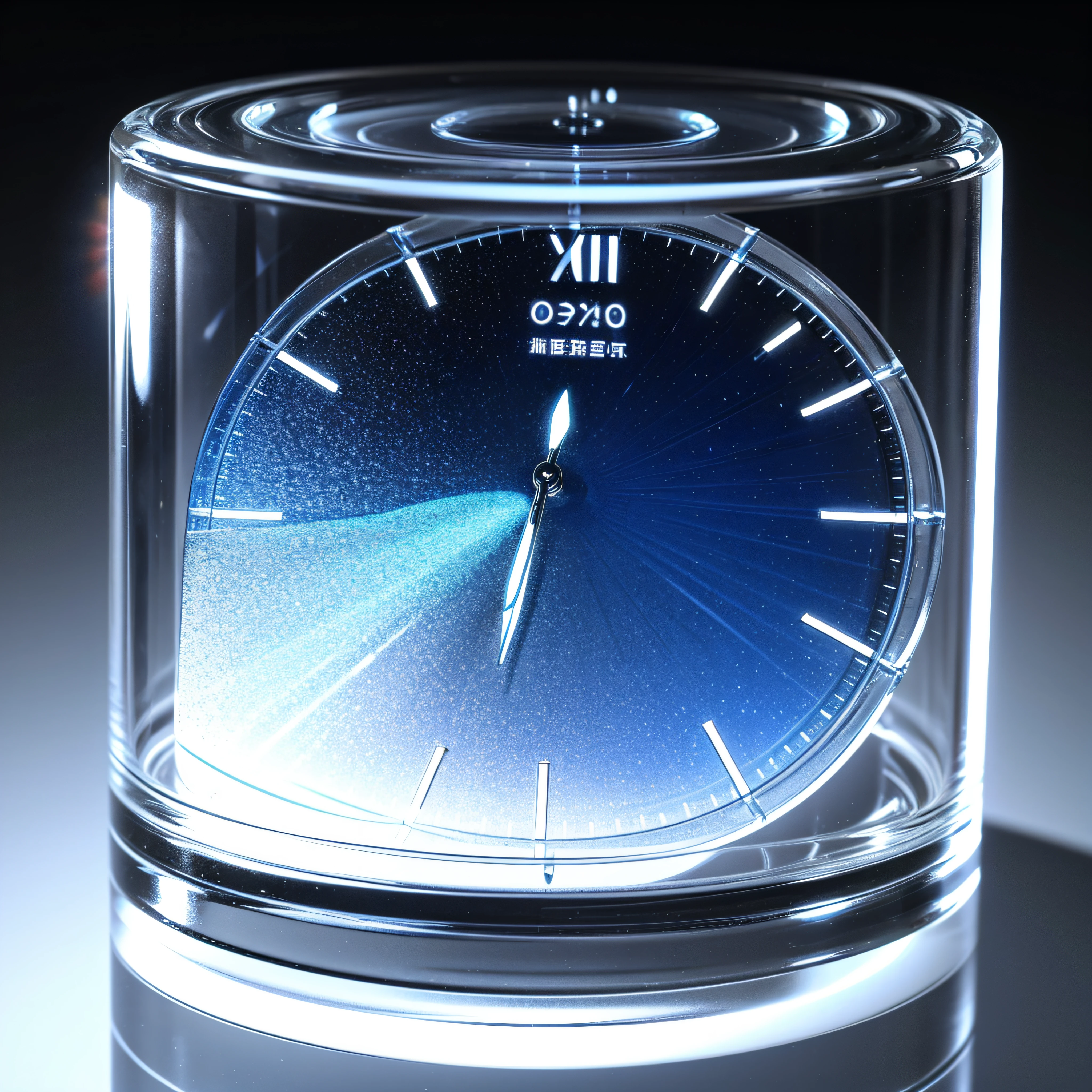 Gradient translucent glass melt appearance，white backgrounid，3D rendering of a transparent electronic watch，Isometric view of the complete model on the right，8K high-definition，--AR1:1，Picture ratio 1:1