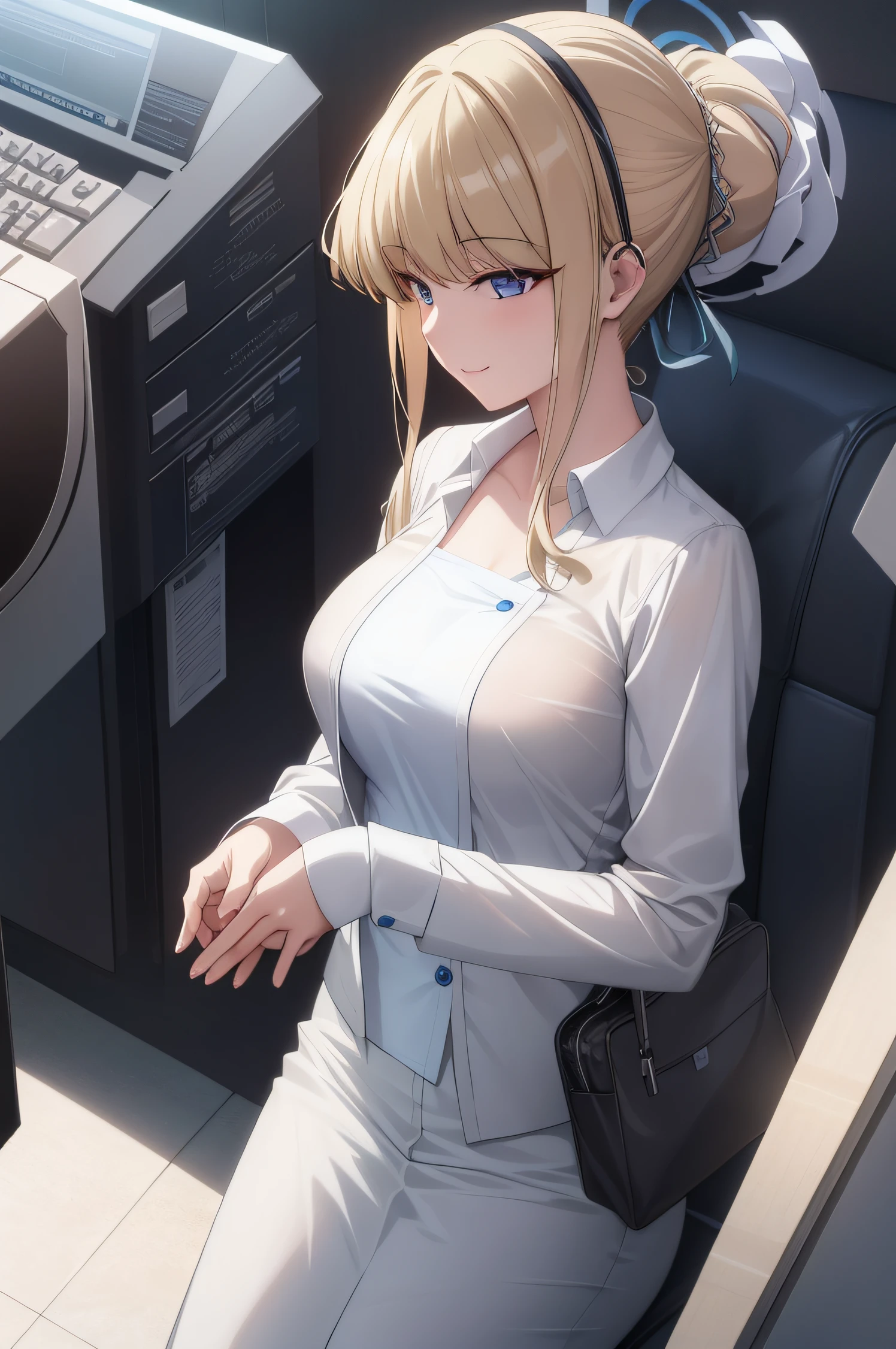 (masterpiece, best quality, detailed),1girl, tokidef,blonde hair,  in a business suit ,smooth anime cg art, detailed digital anime art, attractive anime girl, (sfw), makoto shinka, eye details,teasing smile, clean detailed anime art,high resolution, (perfect hands, perfect anatomy),