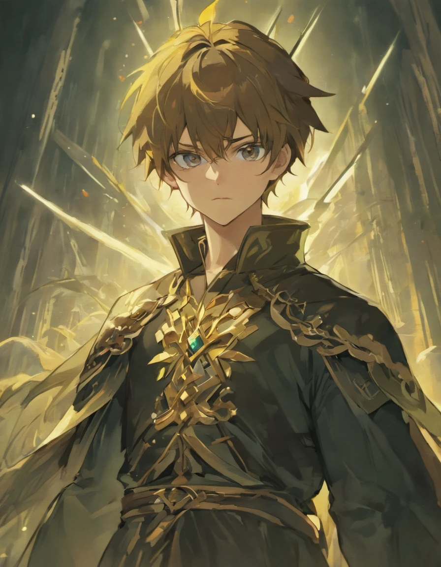 1 homem, calm expression, cabelos pretos e olhos castanhos, sobretudo preto de couro, corpo inteiro, espada de cor negra nas costas, symbols engraved on the sword, olhando para o horizonte, campo verde com um castelo ao fundo, clouded skies, 8k, super detalhado.