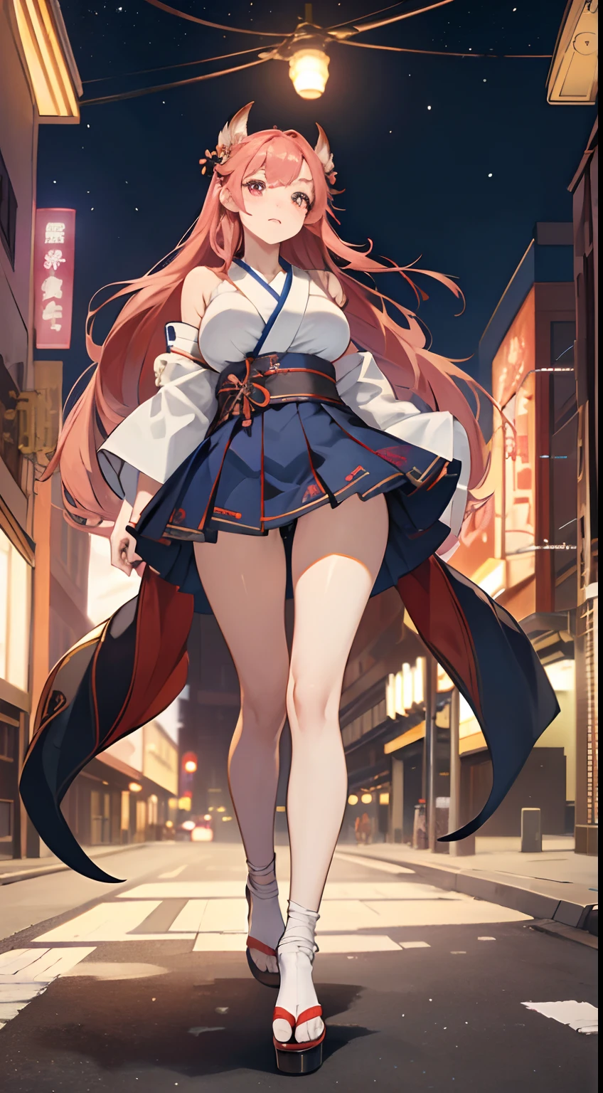 James Jean, Alphonse mucha, Japanese anime, Miniskirt high school girl walking with Cerberus in Tokyo at night, city scene, hyper detailed high resolution high definition high quality masterpiece, huge tits large ass, almost exposed, short small yukata like clothes, shy embarrassed, perfect voluminous full body, Cerberus protecting girl