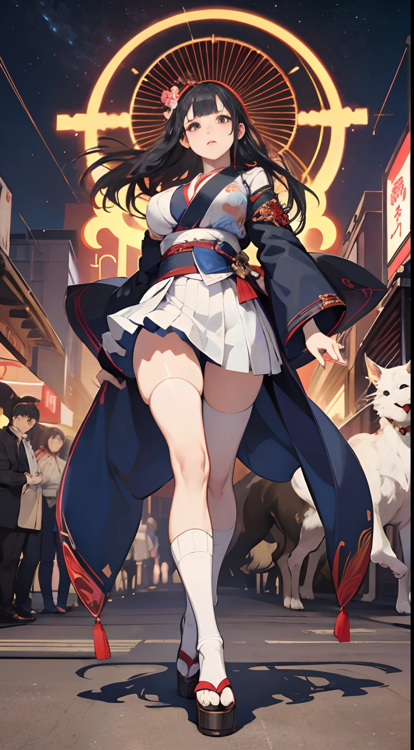 James Jean, Alphonse mucha, Japanese anime, Miniskirt high school girl walking with Cerberus in Tokyo at night, city scene, hyper detailed high resolution high definition high quality masterpiece, huge tits large ass, almost exposed, short small yukata like clothes, shy embarrassed, perfect voluminous full body, Cerberus protecting girl