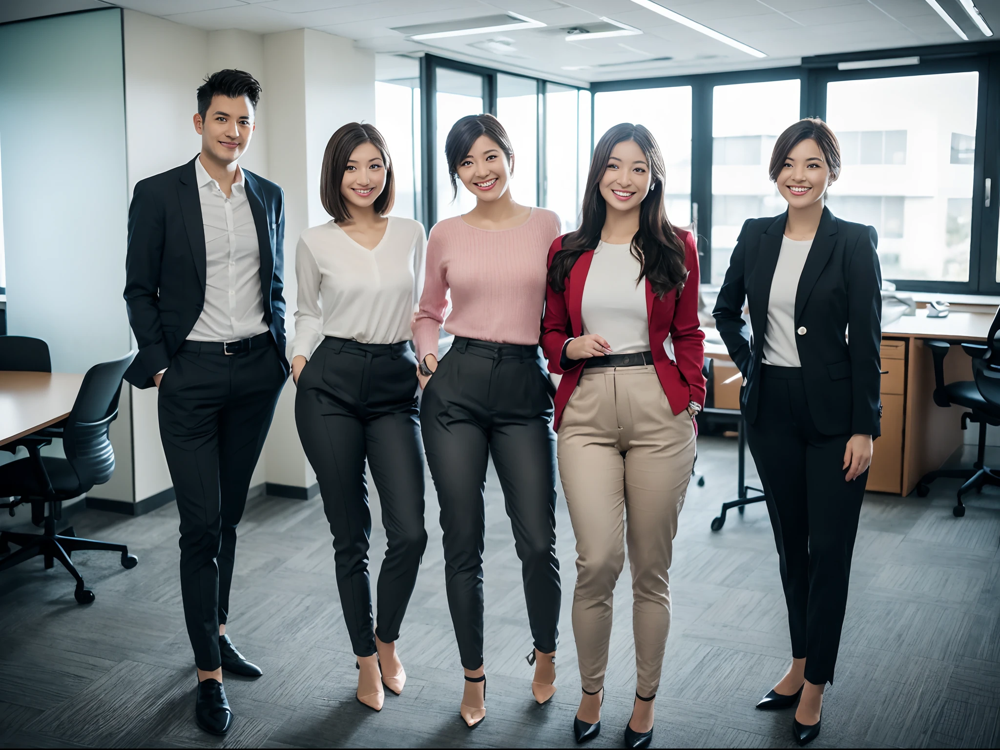 masutepiece, Best Quality, 超A high resolution,(photographrealistic:1.4) (depth of fields),(Lens Glow) , jaket:1.5、Inside the office:1.5、a Pretty Japanese woman1a person:1.5、officeworker、Sexy ass:1.5、smil、(tight trousers:1.5)、put hands on the hip、
