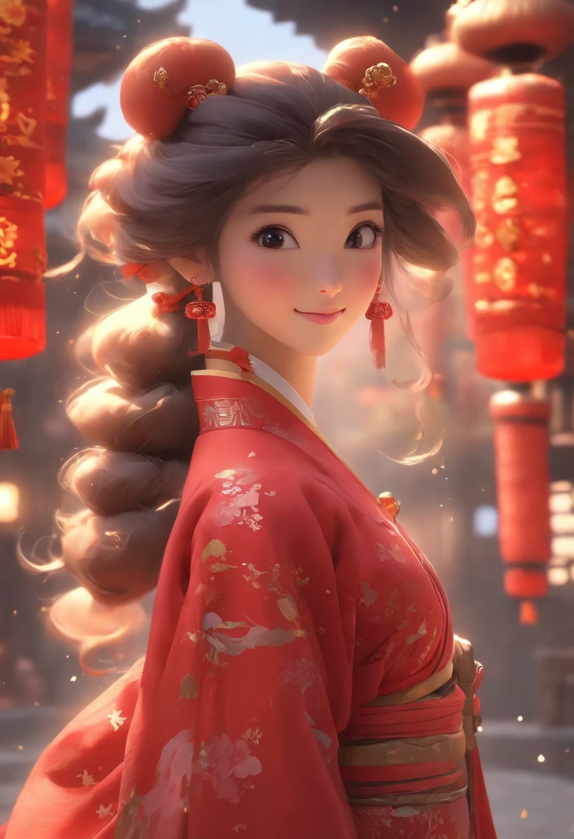 Super cute anthropomorphic small，Wearing a red Chinese Hanfu in Pixar style, She is a princess，she is walking，She looked around，Enjoying The Scenery，She loves the Mid-Autumn Festival celebrations，The background is a starry sky and a full moon， Charming big eyes,Cute tail,Super realistic,Super detail,Luxurious,elegant,Gorgeous,illusory engine,rendering by octane, 8K,v-ray，Super realistic