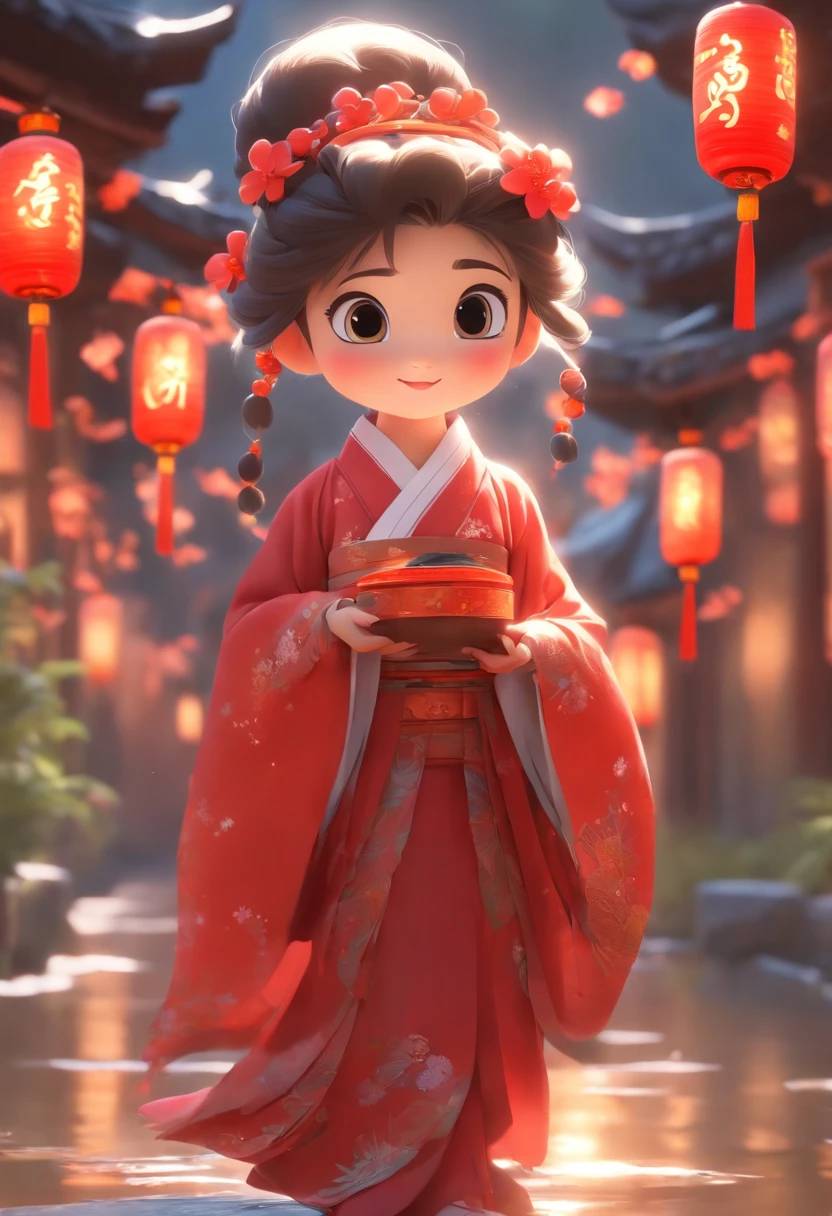 Super cute anthropomorphic small，Wearing a red Chinese Hanfu in Pixar style, She is a princess，she is walking，She looked around，Enjoying The Scenery，She loves the Mid-Autumn Festival celebrations，The background is a starry sky and a full moon， Charming big eyes,Cute tail,Super realistic,Super detail,Luxurious,elegant,Gorgeous,illusory engine,rendering by octane, 8K,v-ray，Super realistic