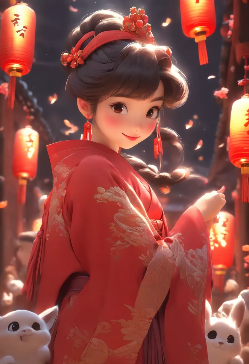 Super cute anthropomorphic small,Wearing a red Chinese Hanfu in Pixar style, She is a princess,she is walking,She looked around,Enjoying The Scenery,She loves the Mid-Autumn Festival celebrations,The background is a starry sky and a full moon, Charming big eyes,Cute tail,Super realistic,Super detail,Luxurious,elegant,Gorgeous,illusory engine,rendering by octane, 8K,v-ray,Super realistic