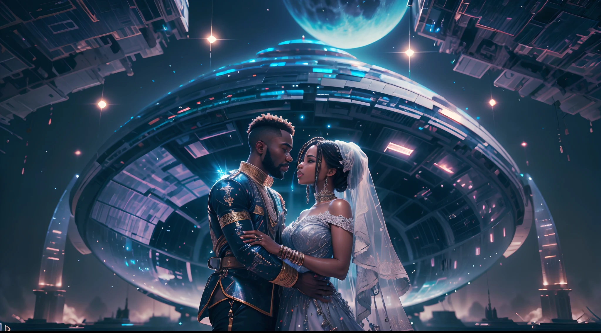 Happy African man marrying African woman both wearing African designed clothes, marriage ceremony on an futuristic african designed spaceship, surrounded by a celebrating congregation all in african designed clothes, African designed drones above them spraying shinning particles in air, african designed spaceship full of African designed instruments, african designed sculptures, pots, night time, moon and stars shining, with iridescent light, photorealistic image, 32k, ultra HD, cinematic lighting, artgerm style, --auto --s2