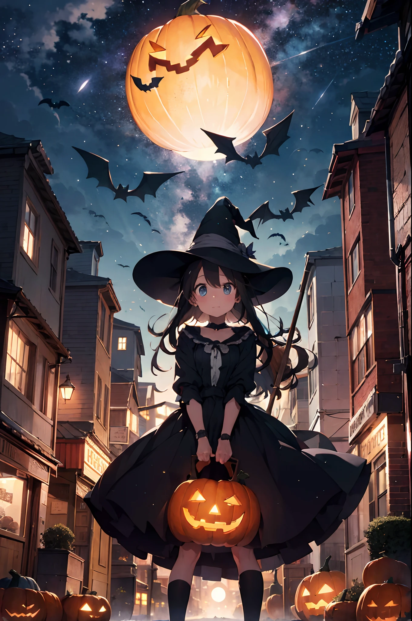 masuter piece、top-quality、32K、8K、absurderes、The best illustrations、Official art、Halloween、the witch、Ride a broom、nigh sky、flying though the air、Ghost pumpkin、You can see a big full moon in the colorful starry sky、You can see buildings and city lights at the bottom of the screen.