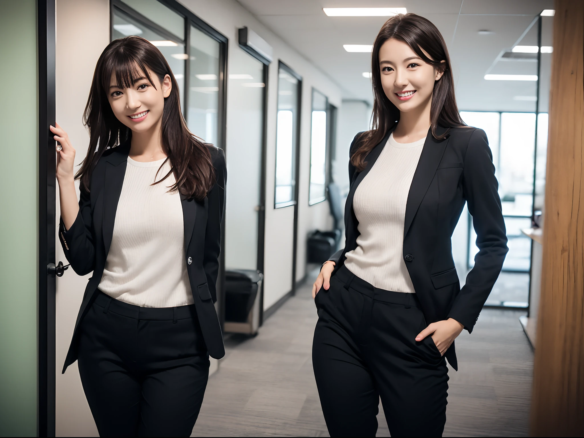 masutepiece, Best Quality, 超A high resolution,(photographrealistic:1.4) (depth of fields),(Lens Glow) , jaket:1.5、Inside the office:1.5、a Pretty Japanese woman１a person:1.5、officeworker、Sexy ass:1.5、smil、(tight trousers:1.5)、put hands on the hip、