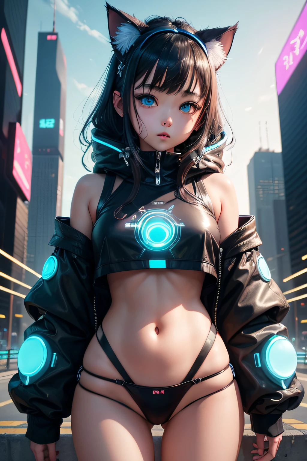 Futuristic cat-eared girl character、Draw Aimira。She has neon blue eyes.、Wearing cyberpunk-inspired accessories。Clothing is made of hologram material、It is designed in the image of IT technology.。The expression is curious、Please express a cheerful and energetic appearance。The backdrop is the futuristic city of neon Tokyo、Keep futuristic buildings and digital elements visible。an oil painting、8K、