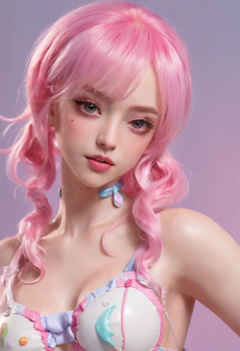 Close-up of a  girl with pink hair, kawaii decora rainbowcore, decora inspired, and Y2K cute clown core, Beautiful and detailed Delphine, full armour，Wear matching clothing, anime vtuber full body model, complete body image, fully body photo, dollpunk, Live2D virtual Youku main model, candy girl, fully body photo. (Best quality,4K,8K,A high resolution,Masterpiece:1.2), Ultra-detailed, (Realistic, Photorealistic, photo-realistic:1.37), hdr, hyper HD, fully body photo，Studio lighting, Ultra-fine painting, Sharp focus, Physically-based rendering, Extreme detail description, professional, Vivid colors, Bokeh. sportrait, Creative photography, Vibrant colors, soft aesthetic, Fantastical Atmosphere, and soft lighting.