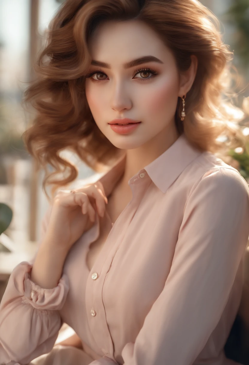 (high quality,4k,8k,highres,masterpiece:1.2),ultra-detailed,(realistic,photorealistic,photo-realistic:1.37),portraits,beautiful detailed eyes,beautiful detailed lips,long hair,uniform, 16 years old girls,girl with long hair in casual dress sitting on a coffee shop, gesture,Mare,professional,vibrant colors,soft lighting,subtle shadows,messy bun,hair strands,buttoned-up shirt,pleated skirt,light breeze,stunning graceful posture,confident expressions,expressive eyes,curvy eyelashes,subtle blushing,sparkling highlights,sharp details,soft skin,precise shading,luminous atmosphere,dynamic composition,realistic rendering,sublime artwork, small rounded eyes, Indonesian teen, alluring small rounded eyes glossy pink lips, alluring cute smile, show crossed legs
