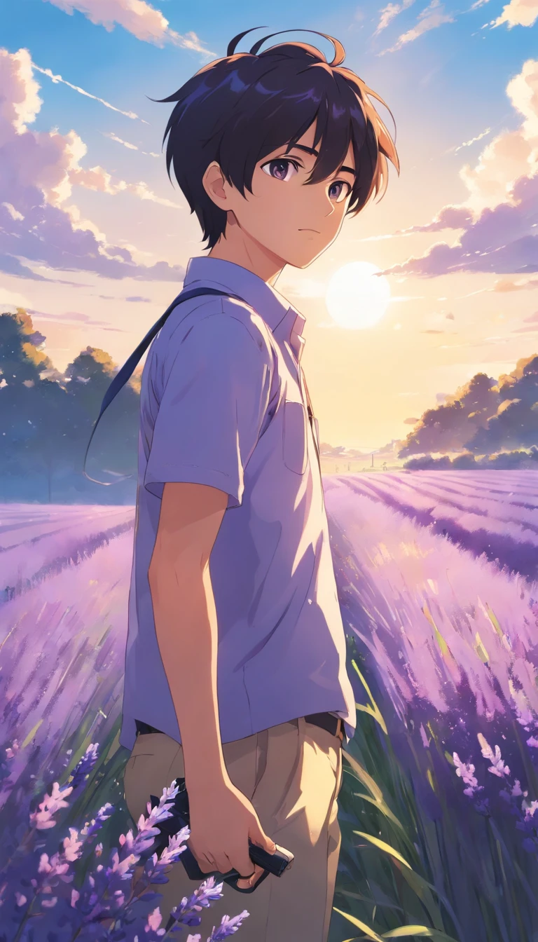 1 boy, lavender field, sunny, black hair