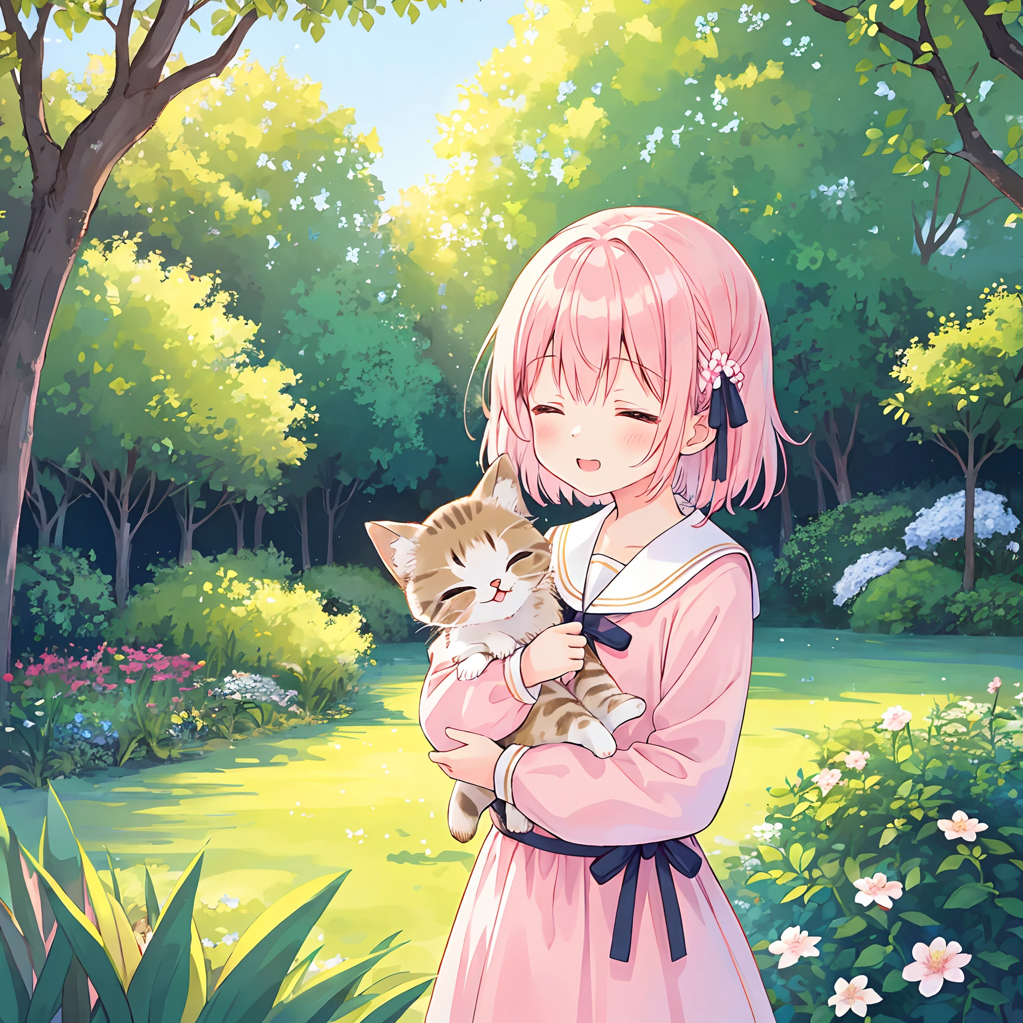 1 girl in、独奏、top-quality、ultra-detailliert、minor、(happiness:1.4)、closed her eyes、
A pink-haired、Long、Look away、
from the front side、frombelow、Portrait of a brown kitten cuddling、\(The kitten has its mouth closed\)、
pink dress、Blue ribbon、Long sleeves with ruffles、is standing、
in woods、flower field、The tree々Warm sunshine passing through