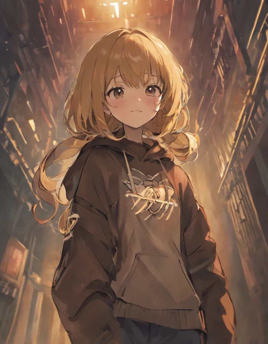 (best-quality:0.8), (best-quality:0.8), high resolution, cowboy shot, face focus, masterpiece, 1girl, ((tall girl, tall woman, dark skin, flat chest)), mature, solo, anime style, (cute, smile, proud), simple background, one color background, contrasting background, very long hair, hoodie, denim pants, looking at side