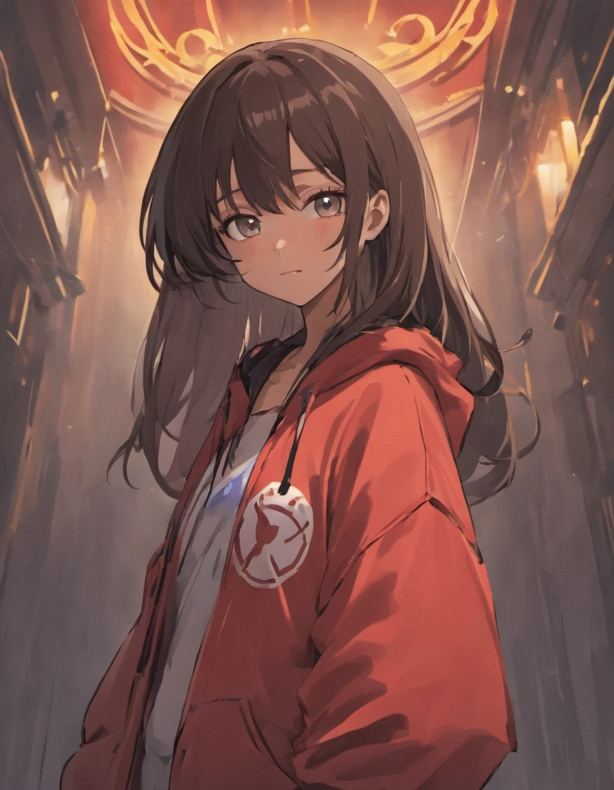 (best-quality:0.8), (best-quality:0.8), high resolution, cowboy shot, face focus, masterpiece, 1girl, ((tall girl, tall woman, dark skin, flat chest)), mature, solo, anime style, (cute, smile, proud), simple background, one color background, contrasting background, very long hair, hoodie, denim pants, looking at side