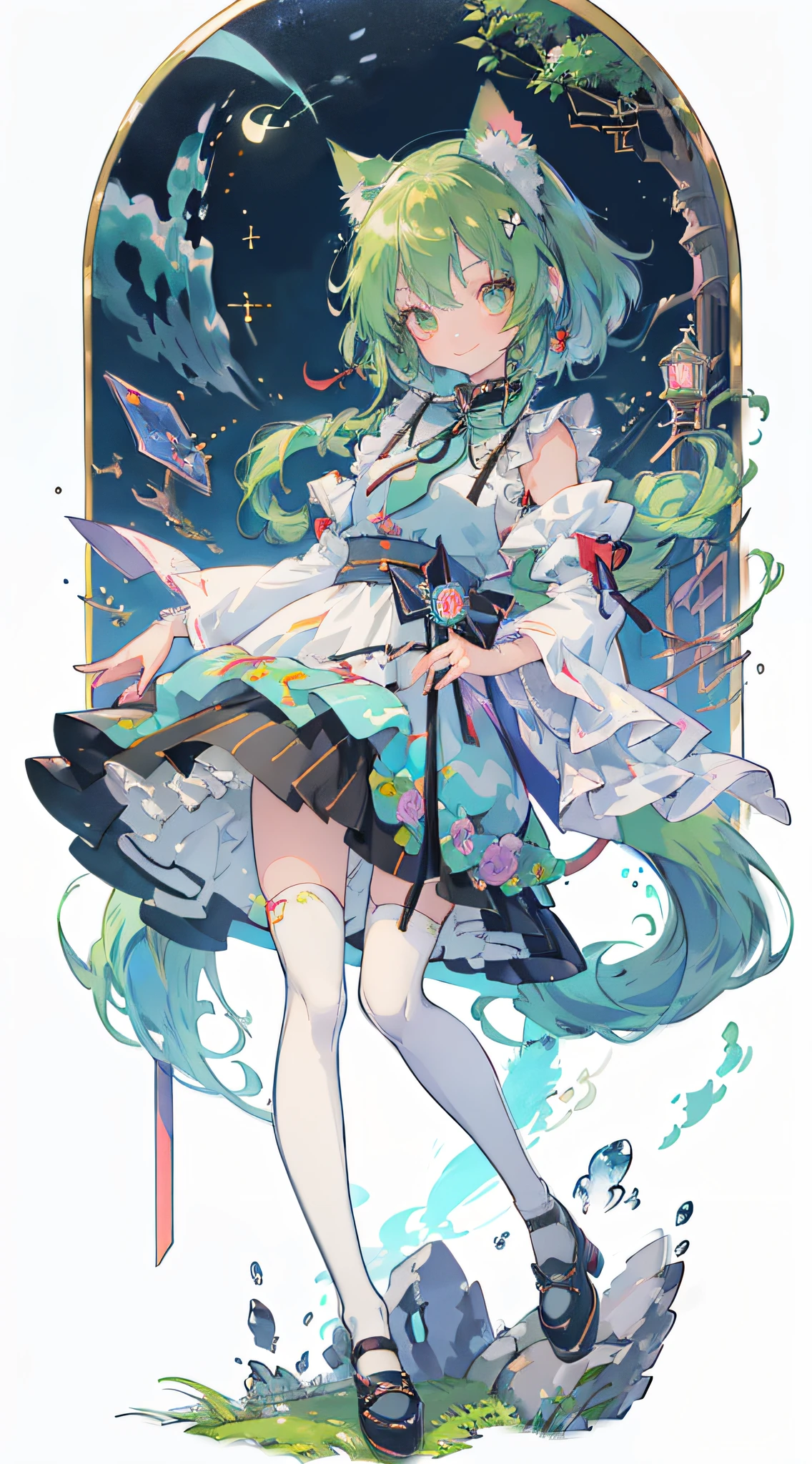 ((masutepiece, Best Quality: 1.1), ((Anime girl in blue dress with magic wand)), Art Nouveau、anime cat girl in a maid costume, Lori, ((Green hairs))、The long-haired、((Shining jewel-like eyes Long eyelashes Transparency))、Very Beautiful Anime Cat Girl, anime catgirl, ((white knee highs)), attractive cat girl, inspired by Leiko Ikemura, aya takano color style, in ryuuou no oshigoto art style, Cat Girl, touhou character, Rei Hiroe、With a smile