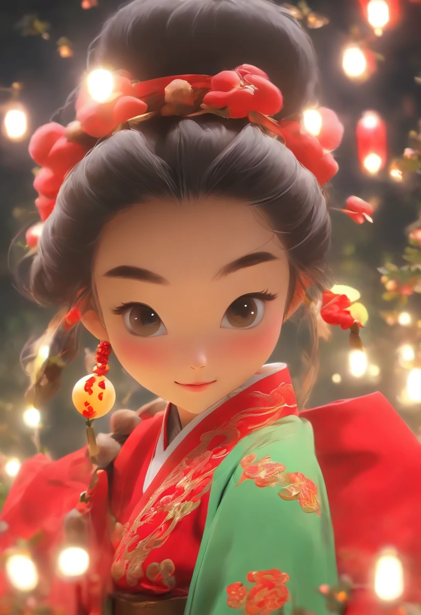 Super cute little anthropomorphic,Wearing a red Chinese Hanfu in Pixar style, she's a princess,she is walking,Ela olhou em volta,apreciando a paisagem,She loves the mid-autumn festival celebrations,The background is a starry sky and a full moon, Olhos grandes encantadores verdes,cauda bonito,super realistic,Super Detalhe,luxuoso,elegante,gorgeous,illusory engine,rendering by octane, 8k,Raio V,super realistic,wavy hair,curly hair,dark skin,morena