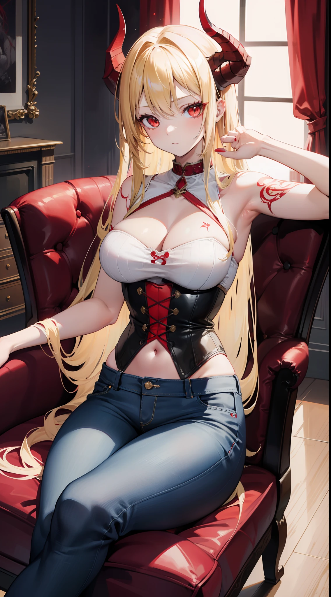 adult girl, long blonde hair, red eyes, red dragon horns, tattoo, red tight corset, open breasts, deep wide neckline, open shoulders, visible navel, jeans, sitting in armchair, Masterpiece, hiquality, 4k, HD, Good detail