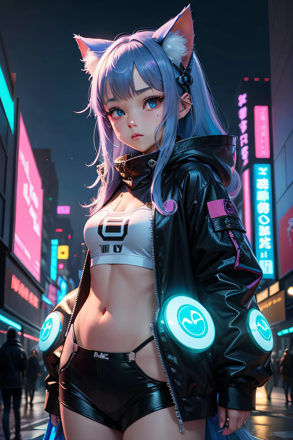 1girl wearing white lingerie, open navel, short hair, digital cyberpunk anime art, cyberpunk anime girl, female cyberpunk anime girl, digital cyberpunk - anime art, wojtek fus, cyberpunk beautiful girl, cyberpunk 20 year old model girl, cyberpunk lighting