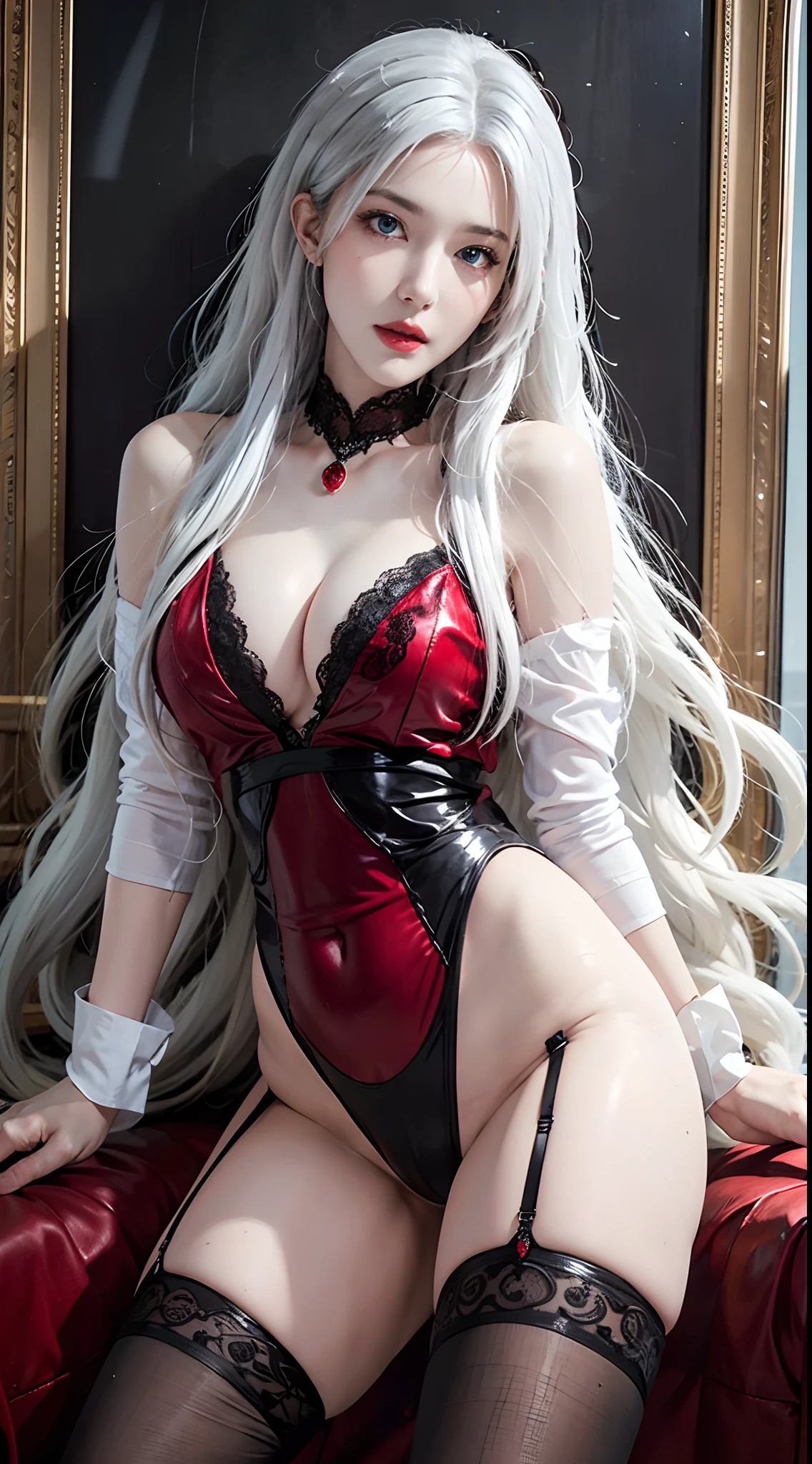 photorealistic, high resolution, soft lights, 1women, solo, hips up, blue eyes, white hair, long hair, blue eyes, red lips, jewelry, red lace leotard, stocking, garter belts