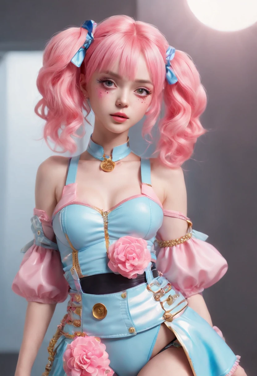 Y2K style，Candy color outfit，Close-up of a  girl with pink hair, kawaii decora rainbowcore, decora inspired, and Y2K cute clown core, Beautiful and detailed Delphine, full armour，Wear matching clothing, anime vtuber full body model, complete body image, fully body photo, dollpunk, Live2D virtual Youku main model, candy girl, fully body photo. (Best quality,4K,8K,A high resolution,Masterpiece:1.2), Ultra-detailed, (Realistic, Photorealistic, photo-realistic:1.37), hdr, hyper HD, fully body photo，Studio lighting, Ultra-fine painting, Sharp focus, Physically-based rendering, Extreme detail description, professional, Vivid colors, Bokeh. sportrait, Creative photography, Vibrant colors, soft aesthetic, Fantastical Atmosphere, and soft lighting.
