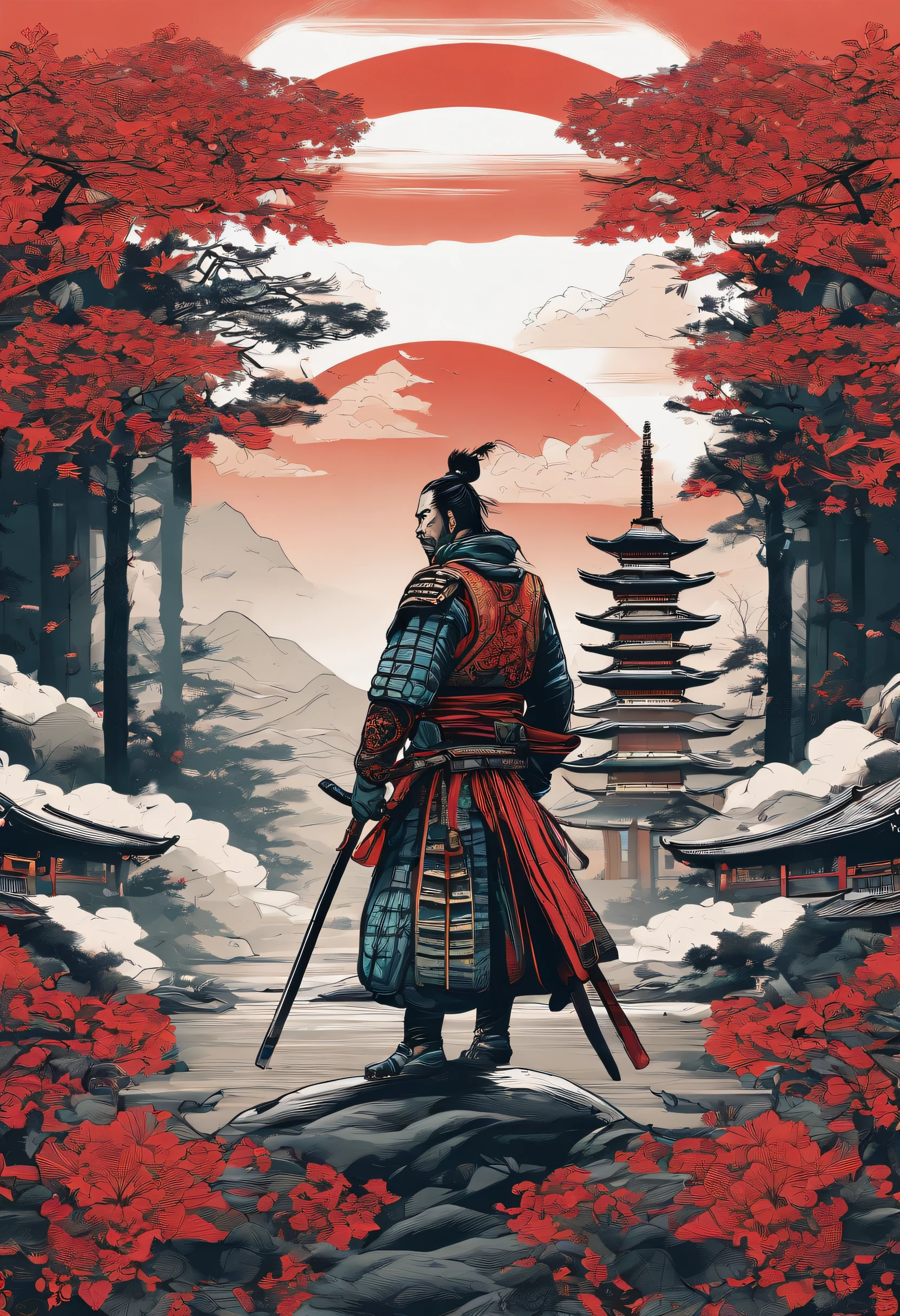 japanese cyberpunk samurai vector t-shirt print, detailed sticker style, tattoo style color drawing, white background