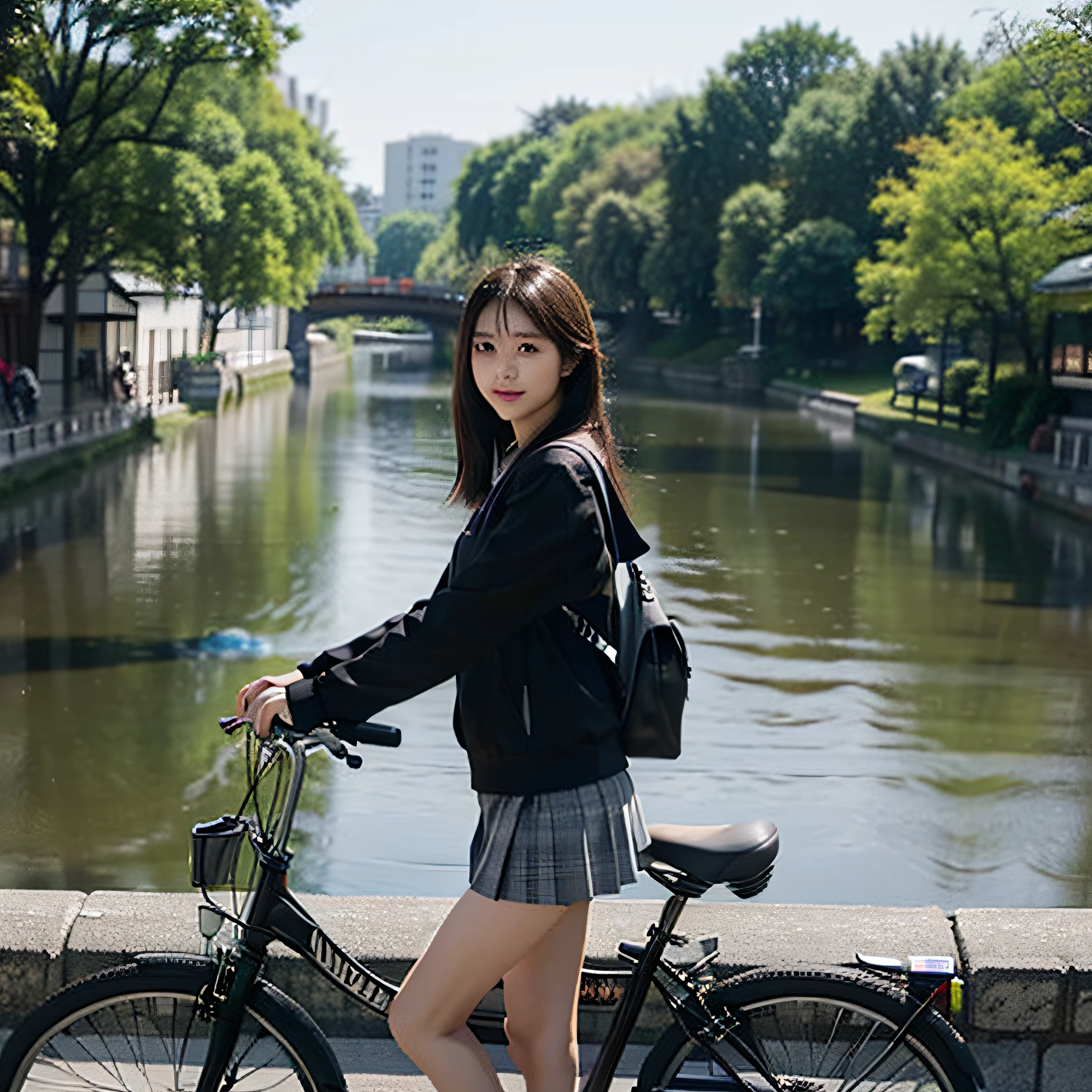 top-quality、8k picture、1 Japan girl、slenderbody、student clothes、a miniskirt、Ride a bike、Road along the river、shot from a side angle