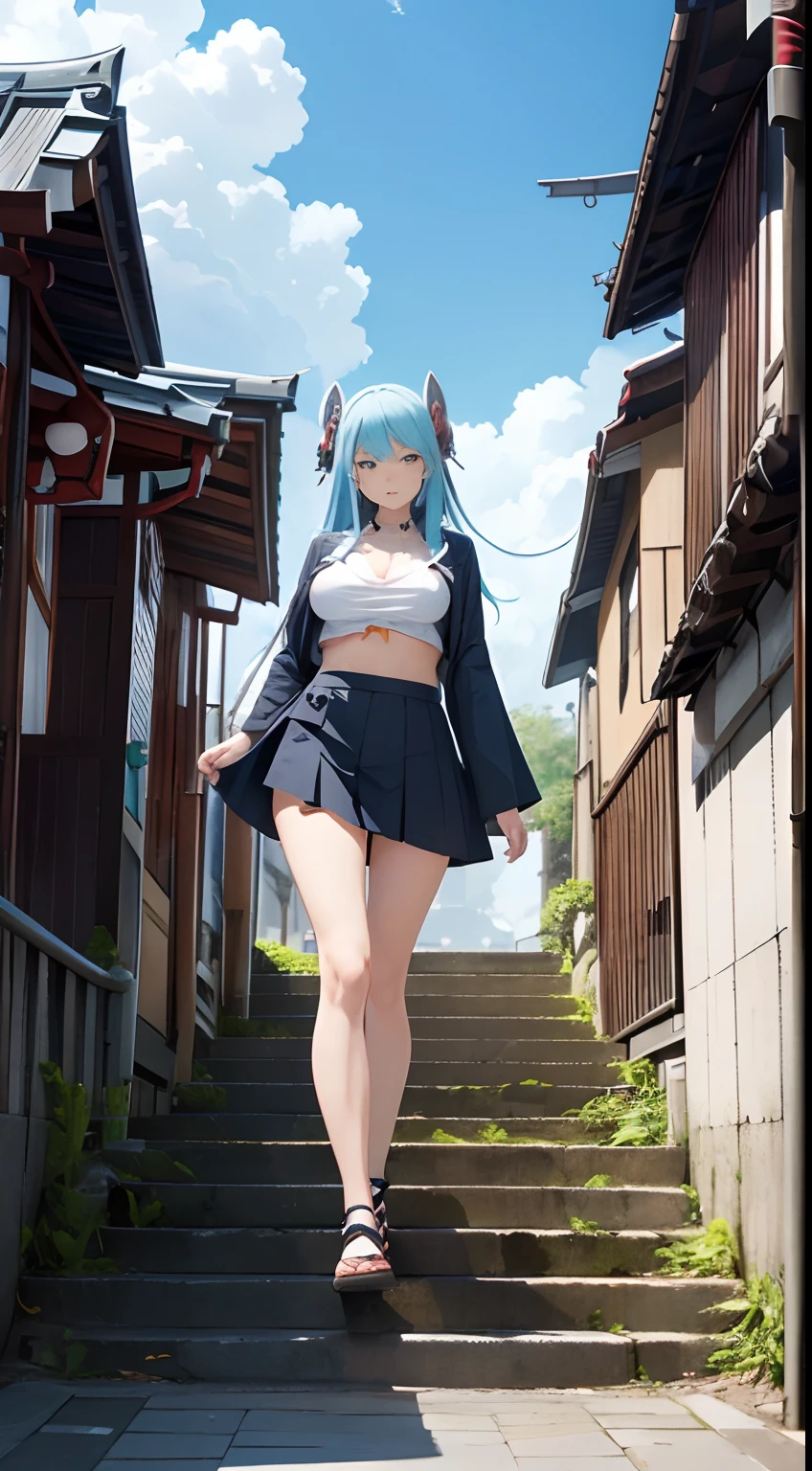 Japanese style, James Jean, Anime, Mysterious Strange Fantastic Sci-Fi Fantasy, Tokyo scenery, City area, Ammonite stairs, Conch elevator, Crab taxi, Miniskirt beautiful voluminous perfect body girl strolling, Pale blue sky, Clouds, hyper detailed, high resolution high definition high quality masterpiece, fine lines, face detailed, huge tits large firm ass, girl showing off her body, scanty clothes,