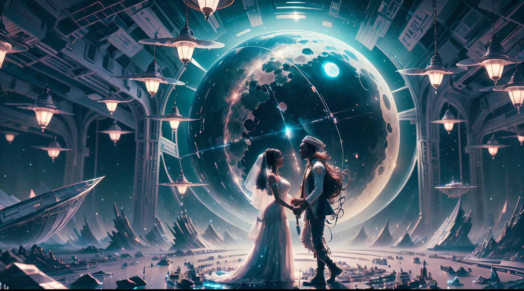 Happy African man marrying African woman both wearing African designed clothes, marriage ceremony on an  futuristic african designed spaceship, surrounded by a celebrating congregation all in african designed clothes, African designed drones above them spraying shinning particles in air, african designed spaceship full of African designed instruments, african designed sculptures, pots, night time, moon and stars shining, with iridescent light, photorealistic image, 32k, ultra HD, cinematic lighting, artgerm style, --auto --s2