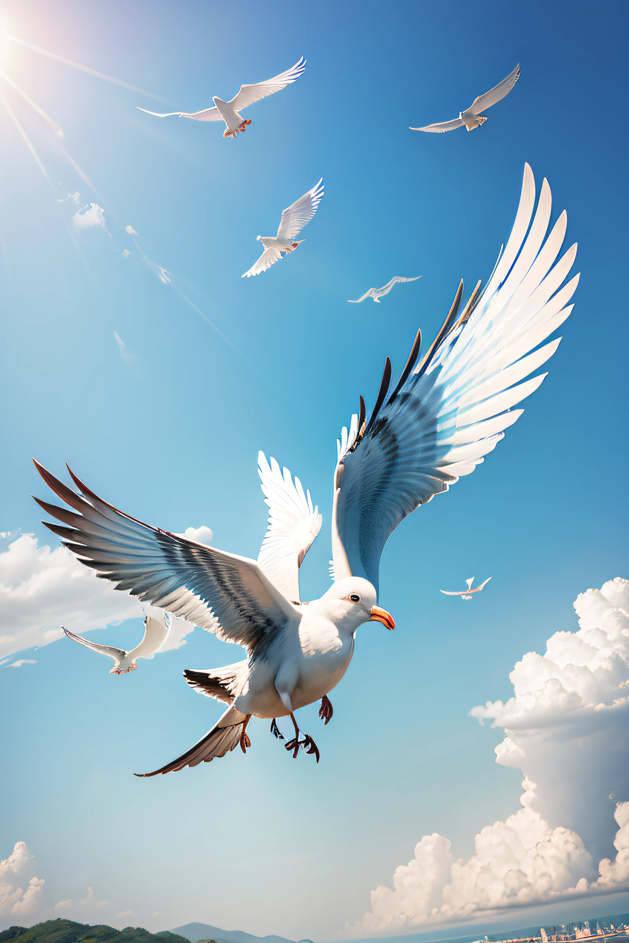 Five seagulls fly low,blue-sky,baiyun,rays of sunshine
