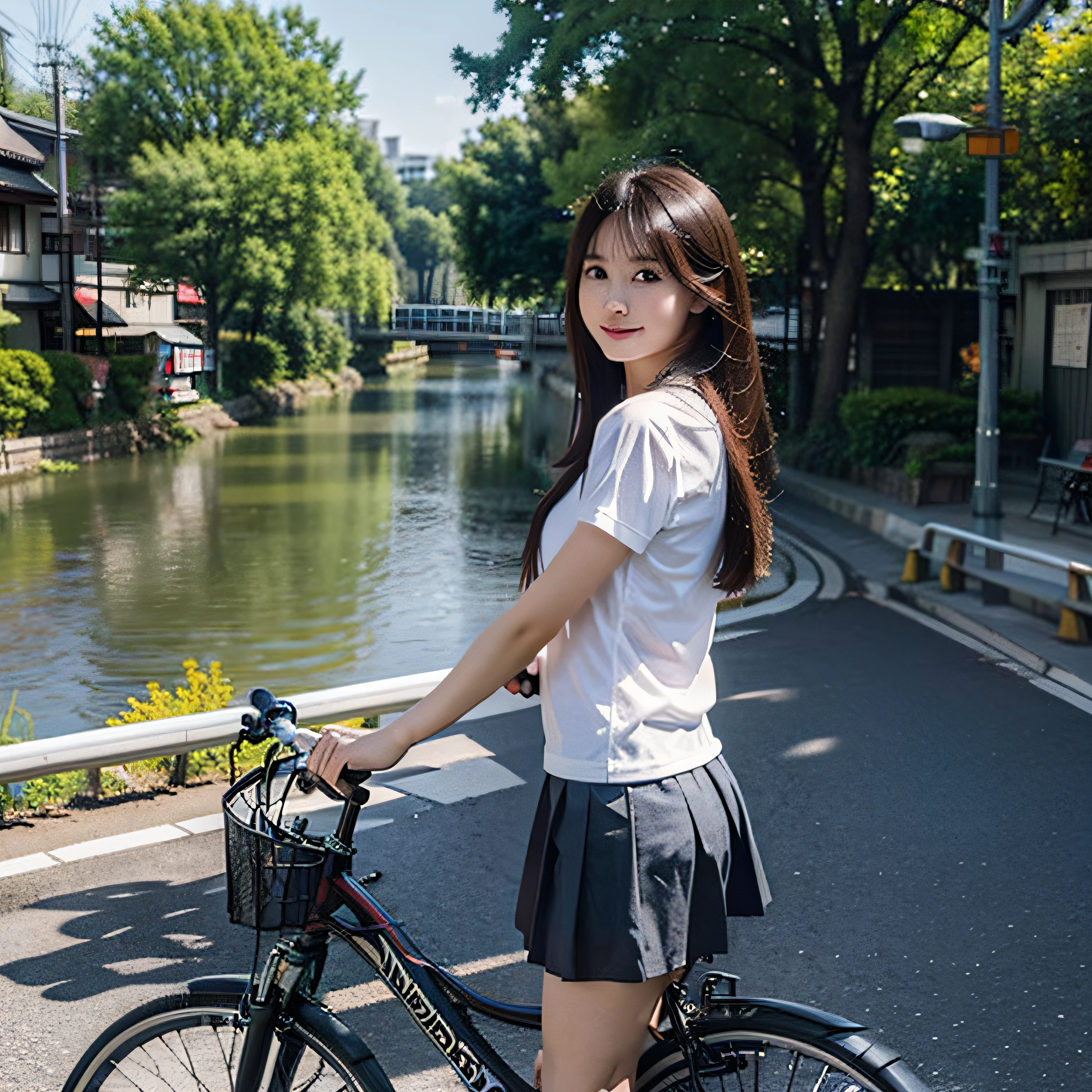 top-quality、8k picture、1 Japan schoolgirl、slenderbody、student clothes、a miniskirt、Ride a bike、Road along the river、shot from a side angle