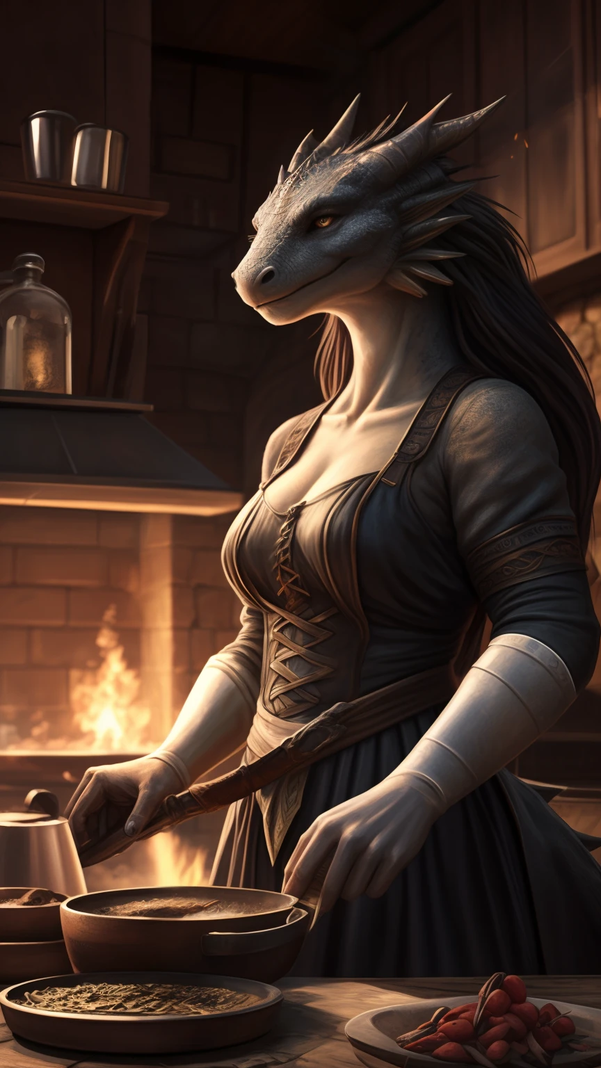 Anthro Dragon, (A woman's face with)beautiful detail eyes, (pa)beautiful detailed lips, (A woman with)Extremely detailed eyes and face, long eyelashes, (The woman) with a seductive fitness body and a long neck, Long hair, (a) scaly body, (with) membranous ears, (em) The interior of the medieval kitchen, (wearing) medieval clothing, (character) cooking, frying pan on the fire, hearth. (Best Quality,4k,8K,hight resolution,Masterpiece:1.2), Ultra-detailed, (Realistic,Photorealistic,photo-realistic:1.37), HDR, UHD, Sunlight, ultra-fine painting, physical based rendering, extreme detail description, Professional, Vivid colors, bokeh, (em) full-length portrait, landscape, photografic, Concept Artists (style of), (with a) vibrant color palette, (pa) soft-lighting.