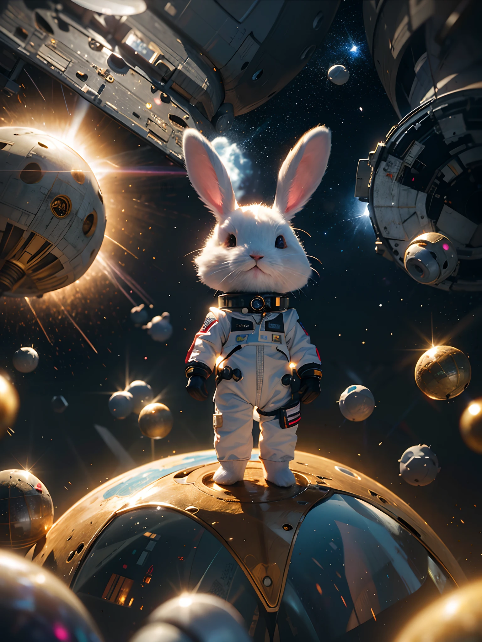 Cute rabbit floating in space in spacesuit,  Some long black alien ships docked behind them, A huge black hole forms behind it。, The stars behind her swam by .Stand at the center of the earth, Countless golden meteors converged on it.lightpainting, holograph，Center symmetrical composition，Axisymmetric composition，Realistic，。.3D，Authentic fluff texture，Cinematic lighting effects - no one