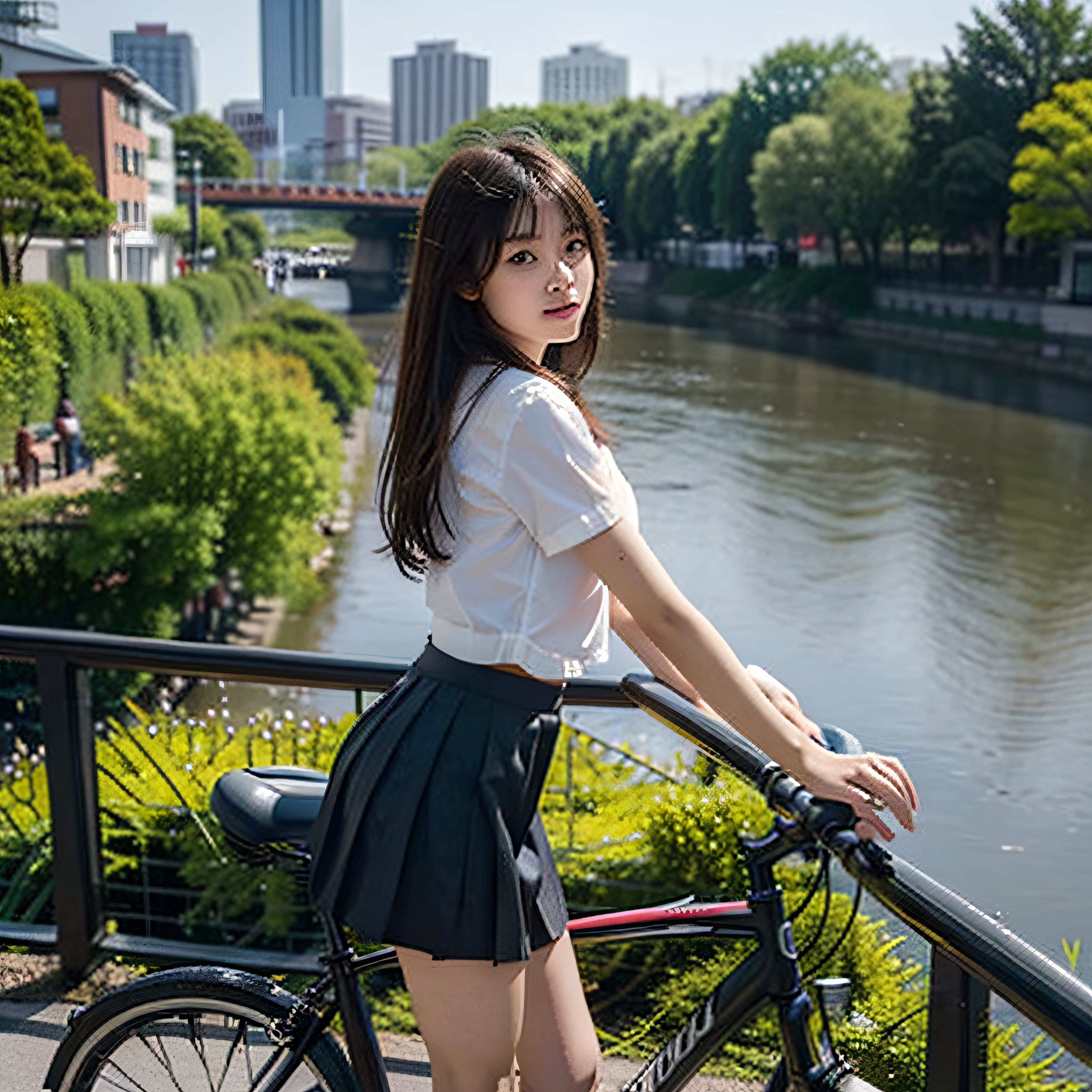 top-quality、8k picture、1 Japan schoolgirl、slenderbody、student clothes、a miniskirt、Ride a bike、Road along the river、shot from a side angle