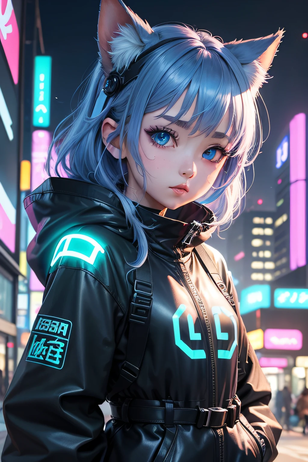 Futuristic cat-eared girl character、Draw Aimira。She has neon blue eyes.、Wearing cyberpunk-inspired accessories。Clothing is made of hologram material、It is designed in the image of IT technology.。The expression is curious、Please express a cheerful and energetic appearance。The backdrop is the futuristic city of neon Tokyo、Keep futuristic buildings and digital elements visible。8K、watercolor paiting、