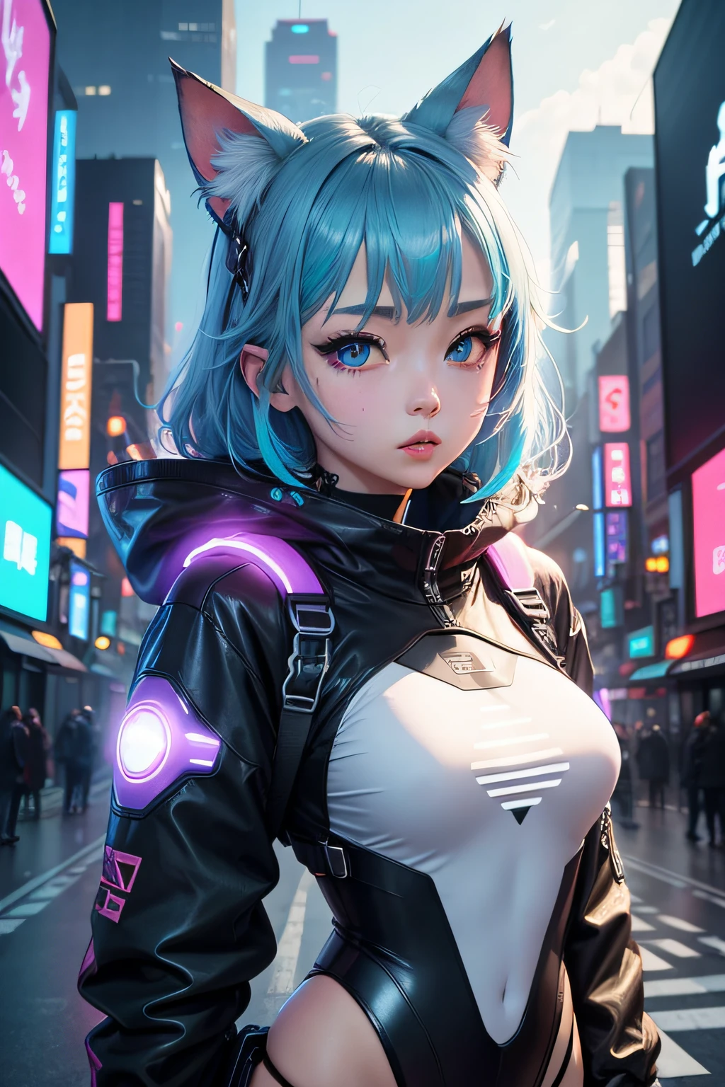 Futuristic cat-eared girl character、Draw Aimira。She has neon blue eyes.、Wearing cyberpunk-inspired accessories。Clothing is made of hologram material、It is designed in the image of IT technology.。The expression is curious、Please express a cheerful and energetic appearance。The backdrop is the futuristic city of neon Tokyo、Keep futuristic buildings and digital elements visible。8K、watercolor paiting、