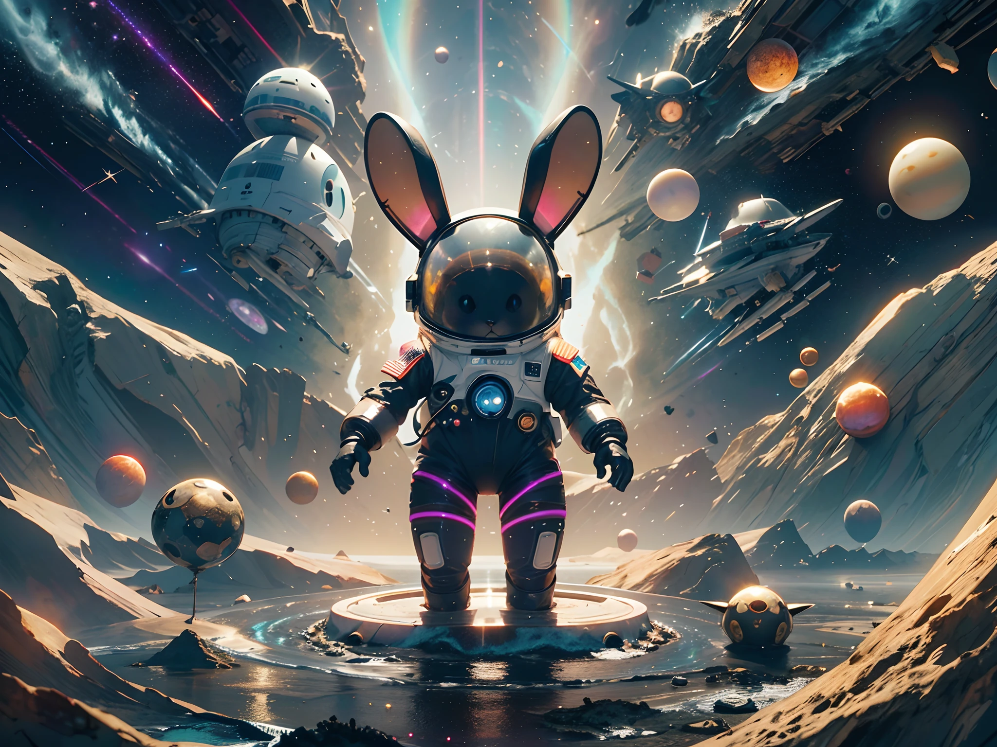 Cute rabbit in spacesuit floating in space, Some long black alien ships docked behind them, A huge black hole forms behind it。, And the stars behind her swam by .Stand in the center of the planet, Countless golden meteors converged on it.lightpainting, holograph,Center symmetrical composition,Axisymmetric composition,realistc --no human