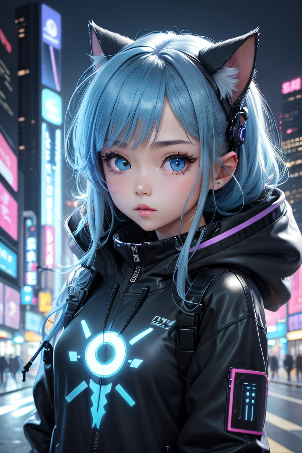 Futuristic cat-eared girl character、Draw Aimira。She has neon blue eyes.、Wearing cyberpunk-inspired accessories。Clothing is made of hologram material、It is designed in the image of IT technology.。The expression is curious、Please express a cheerful and energetic appearance。The backdrop is the futuristic city of neon Tokyo、Keep futuristic buildings and digital elements visible。8K、watercolor paiting、