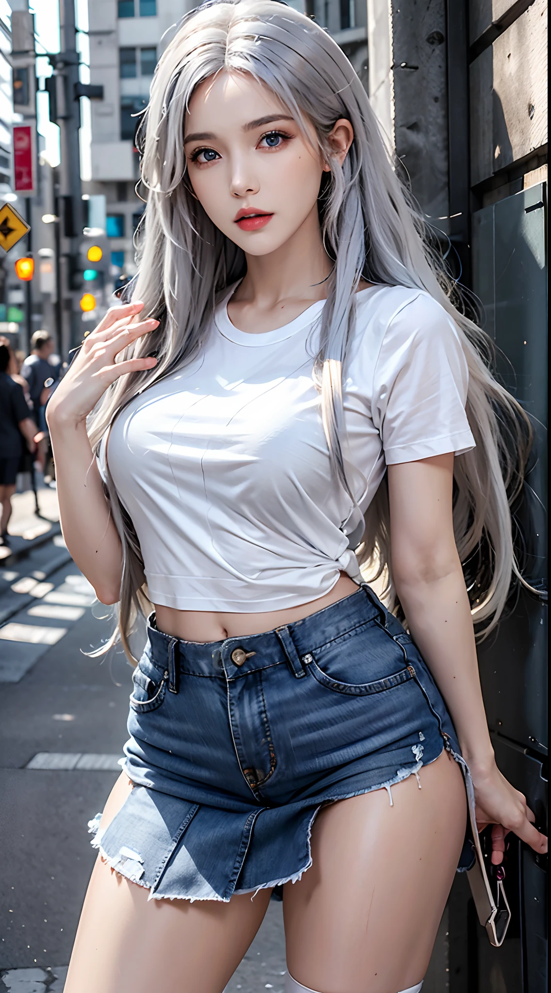 photorealistic, high resolution, soft lights, 1women, solo, hips up, blue eyes, white hair, long hair, blue eyes, red lips, jewelry, street wear, t-shirt, skirt