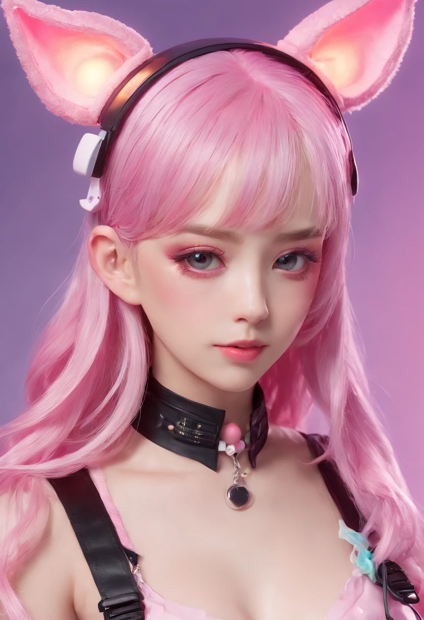 Y2K style full-body photo,Headphones with cat ears,Wear candy-colored clothing,Close-up of a 17 year old girl with pink gradient hair, kawaii decora rainbowcore, decora inspired, and Y2K cute clown core, Beautiful and detailed Delphine, full armour,Wear matching clothing, anime vtuber full body model, complete body image, fully body photo, dollpunk, Live2D virtual Youku main model, candy girl, fully body photo. (Best quality,4K,8K,A high resolution,Masterpiece:1.2), Ultra-detailed, (Realistic, Photorealistic, photo-realistic:1.37), hdr, hyper HD, fully body photo,Studio lighting, Ultra-fine painting, Sharp focus, Physically-based rendering, Extreme detail description, professional, Vivid colors, Bokeh. sportrait, Creative photography, Vibrant colors, soft aesthetic, Fantastical Atmosphere, and soft lighting.fully body photo