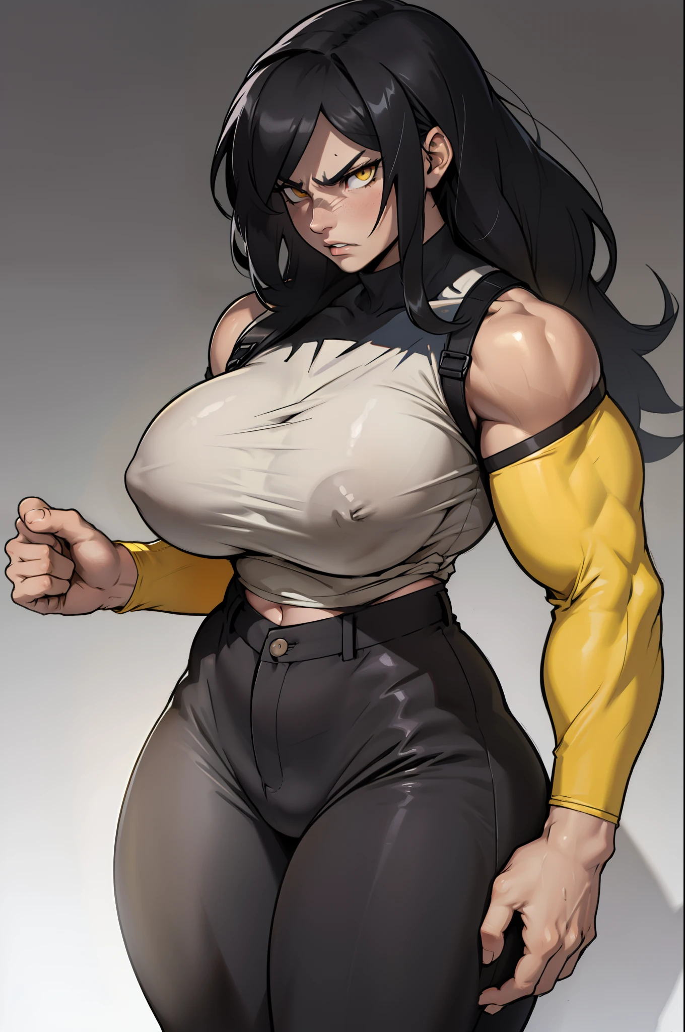 (((((muscular))))) 1 girl (thick thighs) (thin waist) (huge breasts) pale skin black hair (extremely long hair) yellow eyes toned body angry ((grey background)) solo tight shirt tight pants messy hair shadow