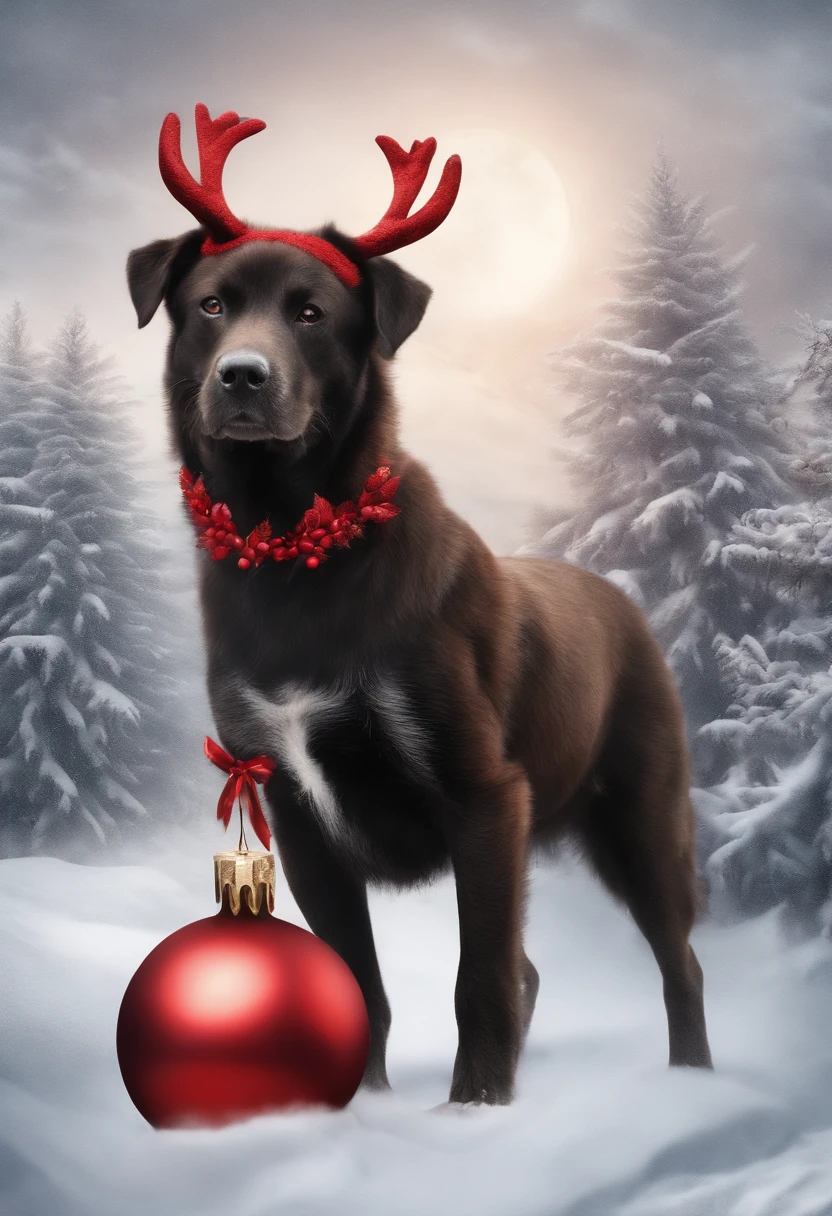 draw merry christmas card 3D with satan and red dog