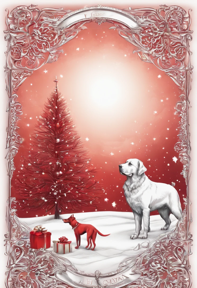 draw merry christmas card 3D with satan and red dog
